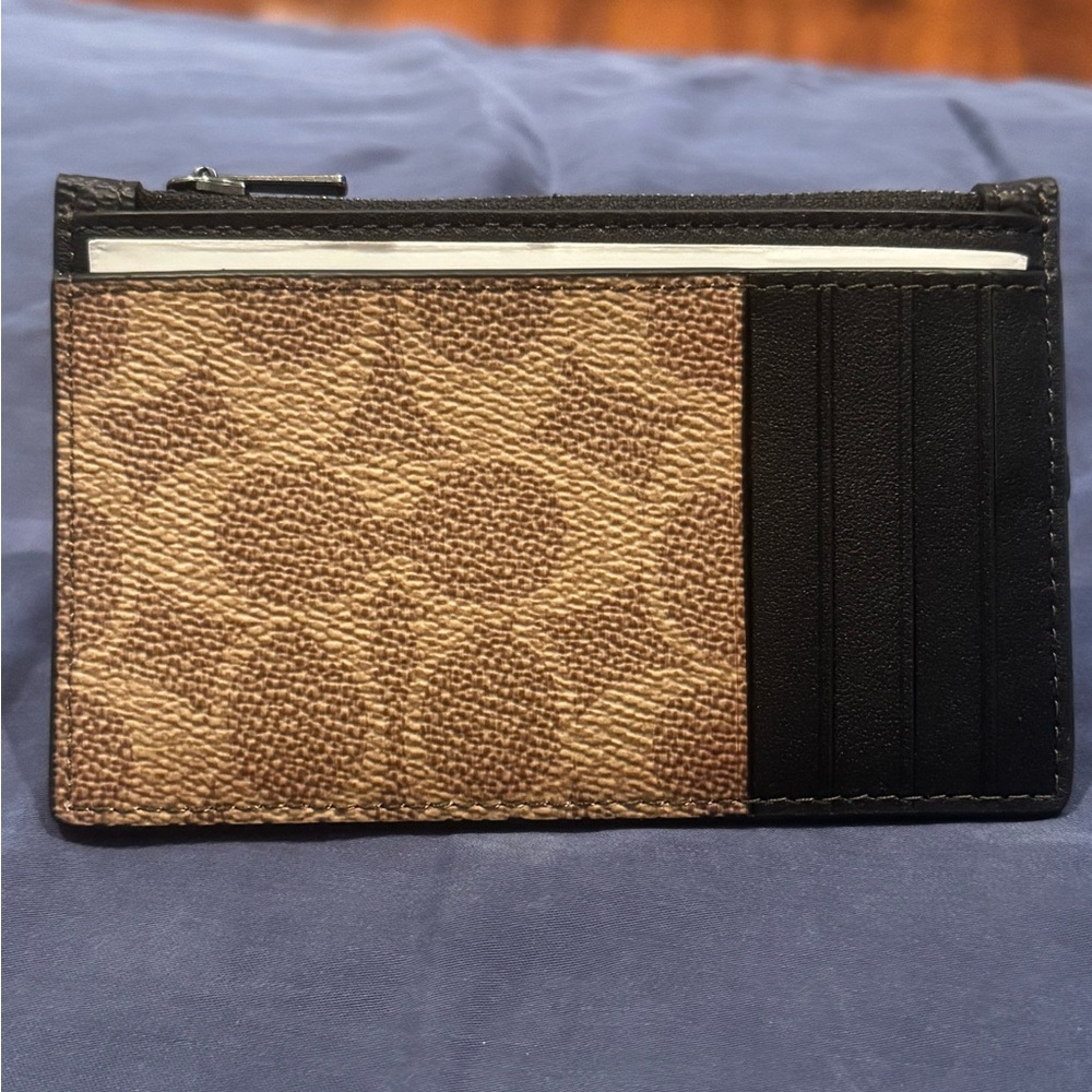 🆕 Coach Walnut & Tan Zip Card Case In Colorblock Signature Canvas